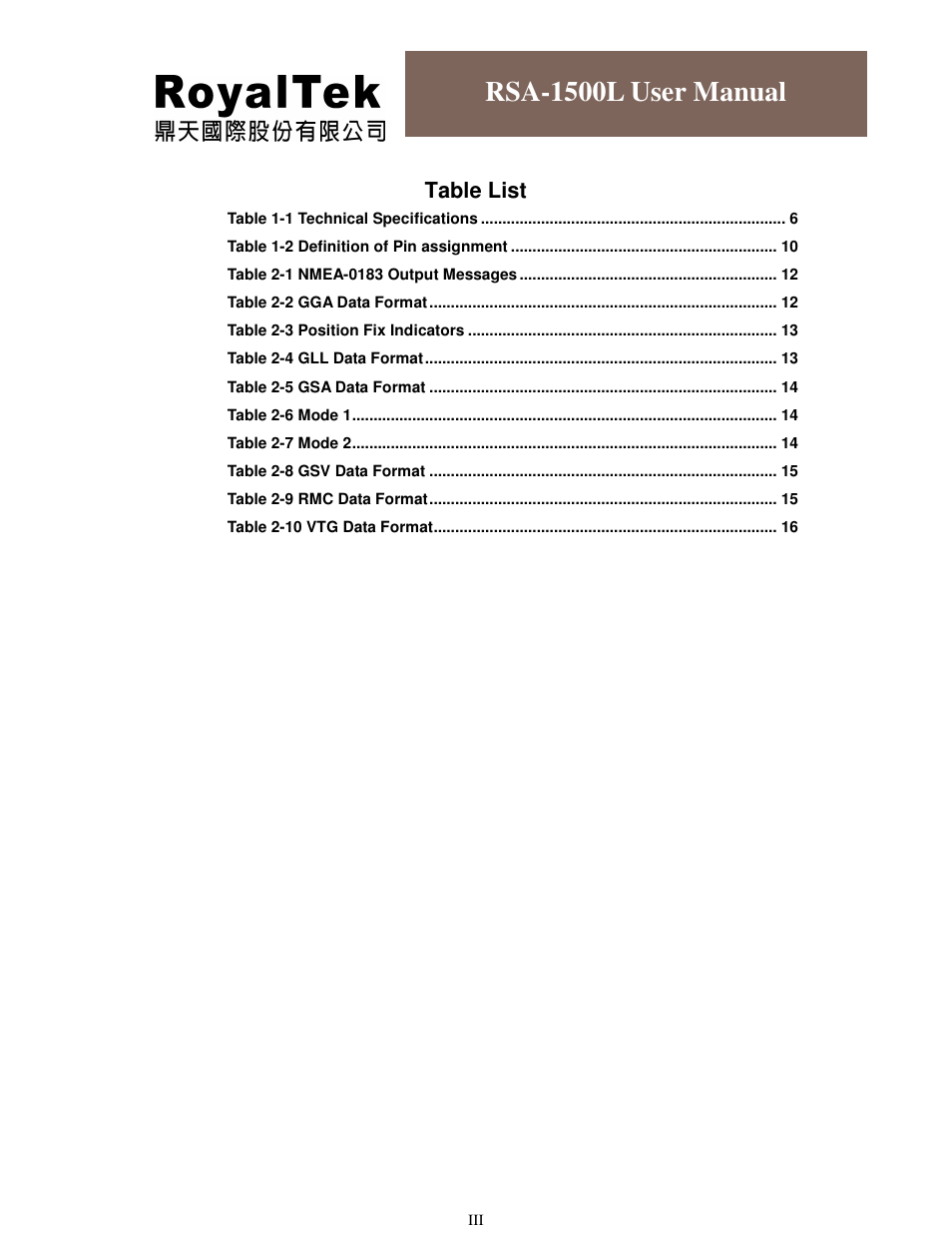 Rsa-1500l user manual, Table list | RoyalTek RSA-1500L User Manual | Page 4 / 18