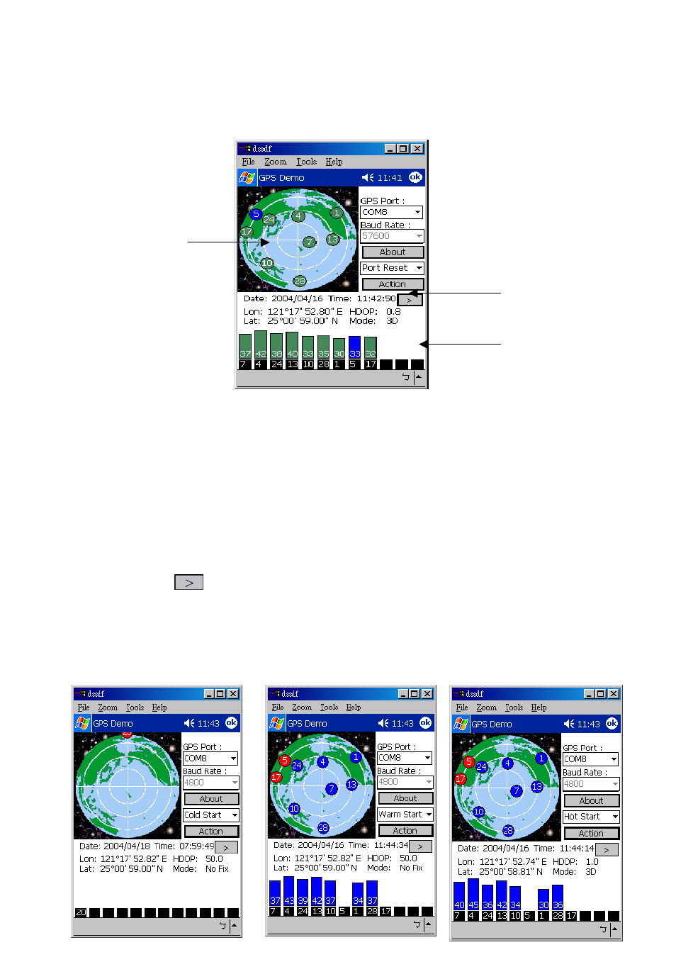 Gps demo screen, Cold/warm/hot start | RoyalTek RBT-2300 User Manual | Page 26 / 57