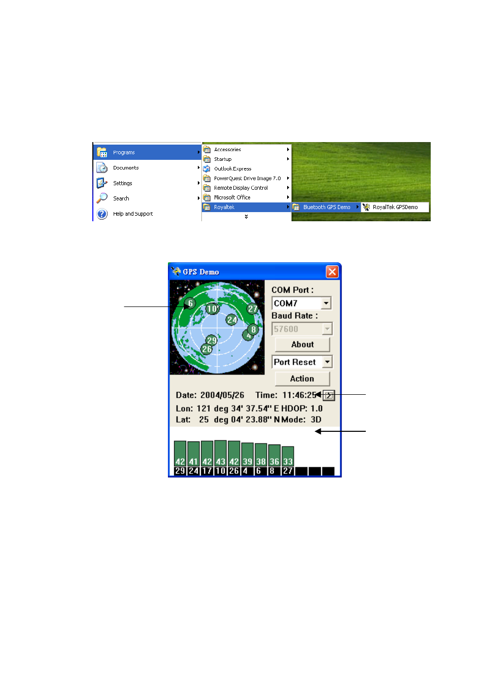 Gps test on pc, Execute gps demo program, Gps demo screen | RoyalTek RBT-2300 User Manual | Page 29 / 57