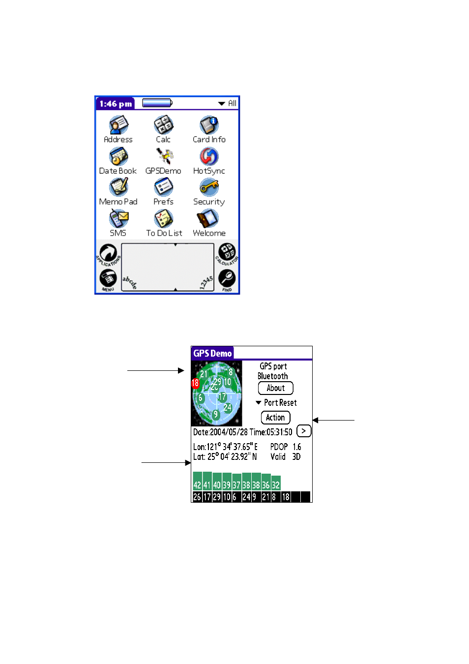 Gps test on pda of palm os, Execute gps demo program, Gps demo screen | RoyalTek RBT-2300 User Manual | Page 33 / 57