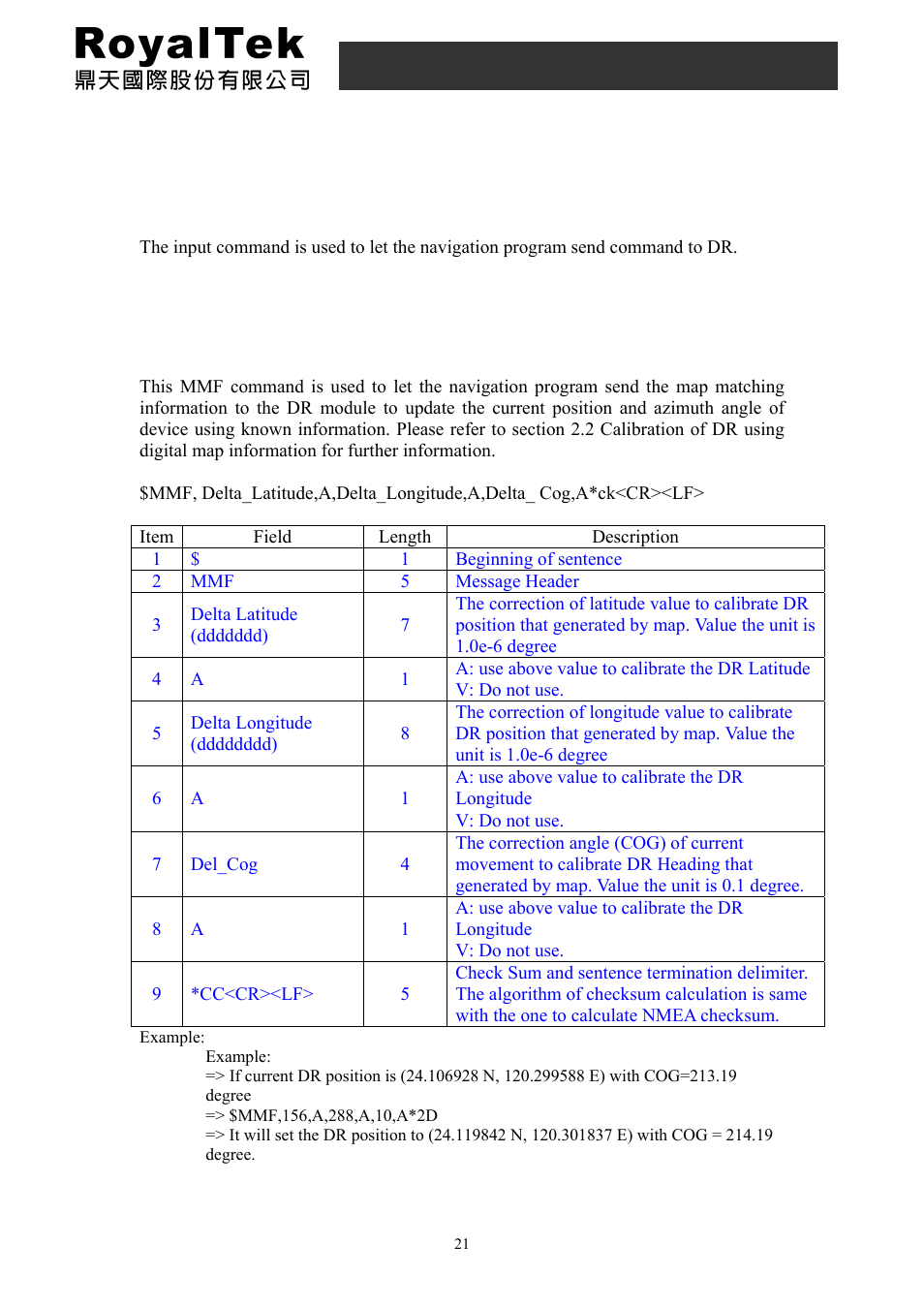 Gps dr (uart a) input command, 1 $mmf, Rdr-3100 user manual | RoyalTek RDR-3100 User Manual | Page 21 / 27