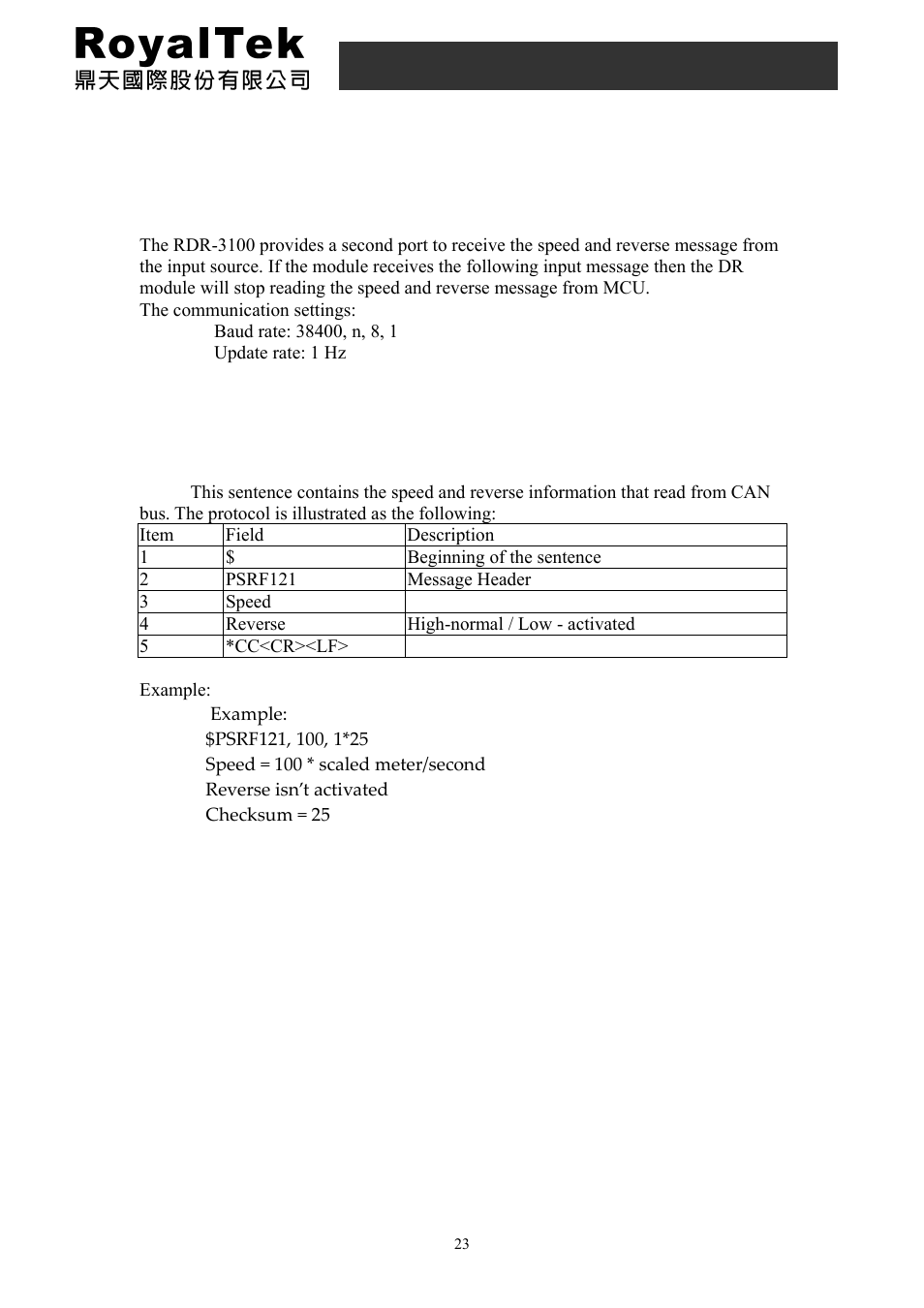 3 can bus (uart b) protocol, 1 speed, reverse status input message, Rdr-3100 user manual | RoyalTek RDR-3100 User Manual | Page 23 / 27