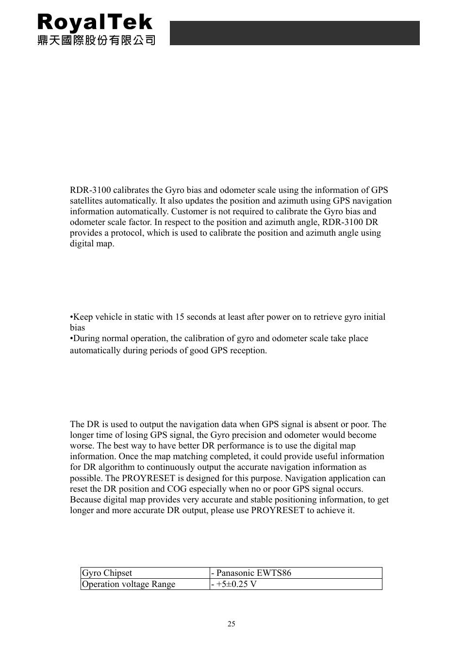 4 nmea output message, 9 calibration of dr, 1 self calibration of dr | 2 calibration criterion, 3 calibration of dr using digital map information, 4 gyro electric characteristics, Nmea output message, Calibration of dr, Rdr-3100 user manual | RoyalTek RDR-3100 User Manual | Page 25 / 27