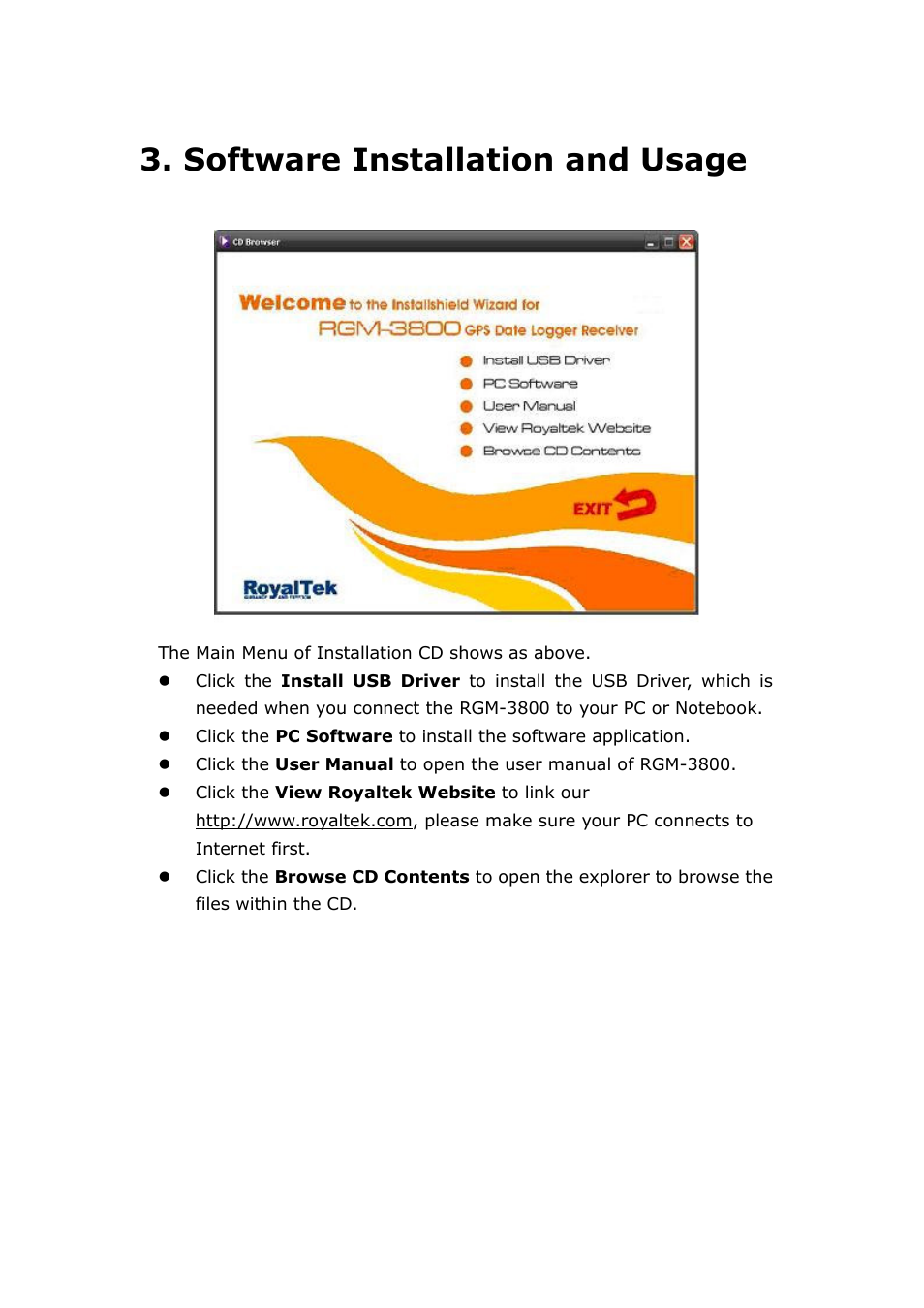 Software installation and usage | RoyalTek RGM-3800 User Manual | Page 11 / 45