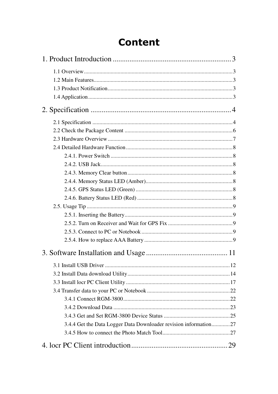 Content, Product introduction, Specification | Software installation and usage, Locr pc client introduction | RoyalTek RGM-3800 User Manual | Page 2 / 45