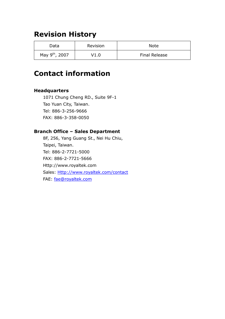 Revision history, Contact information | RoyalTek RGM-3800 User Manual | Page 45 / 45