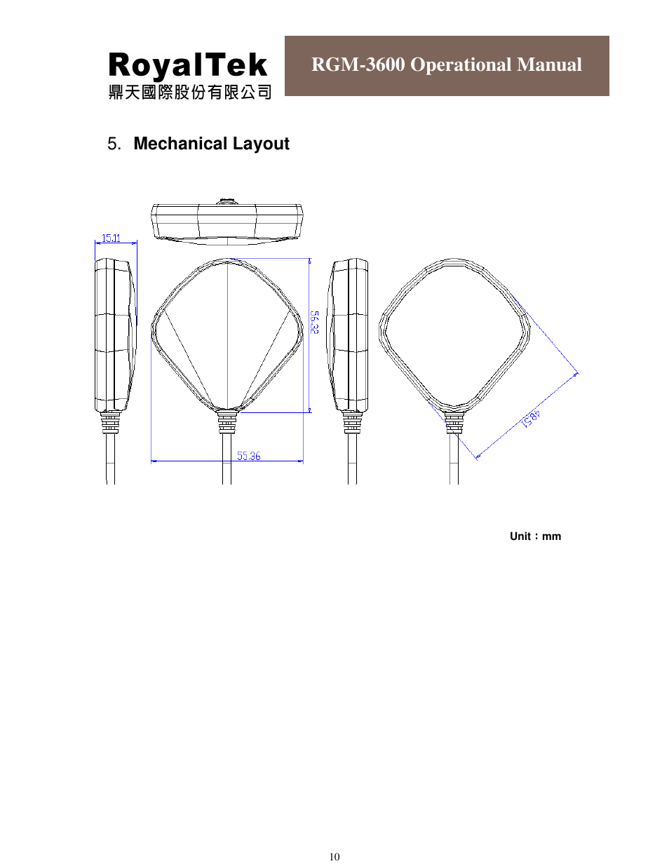 Rgm-3600 operational manual, Mechanical layout | RoyalTek RGM-3600 User Manual | Page 10 / 18