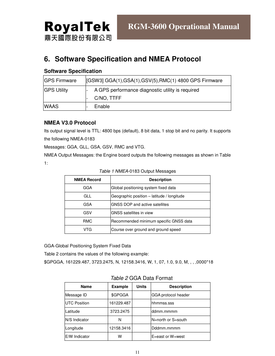 Rgm-3600 operational manual, Software specification and nmea protocol | RoyalTek RGM-3600 User Manual | Page 11 / 18