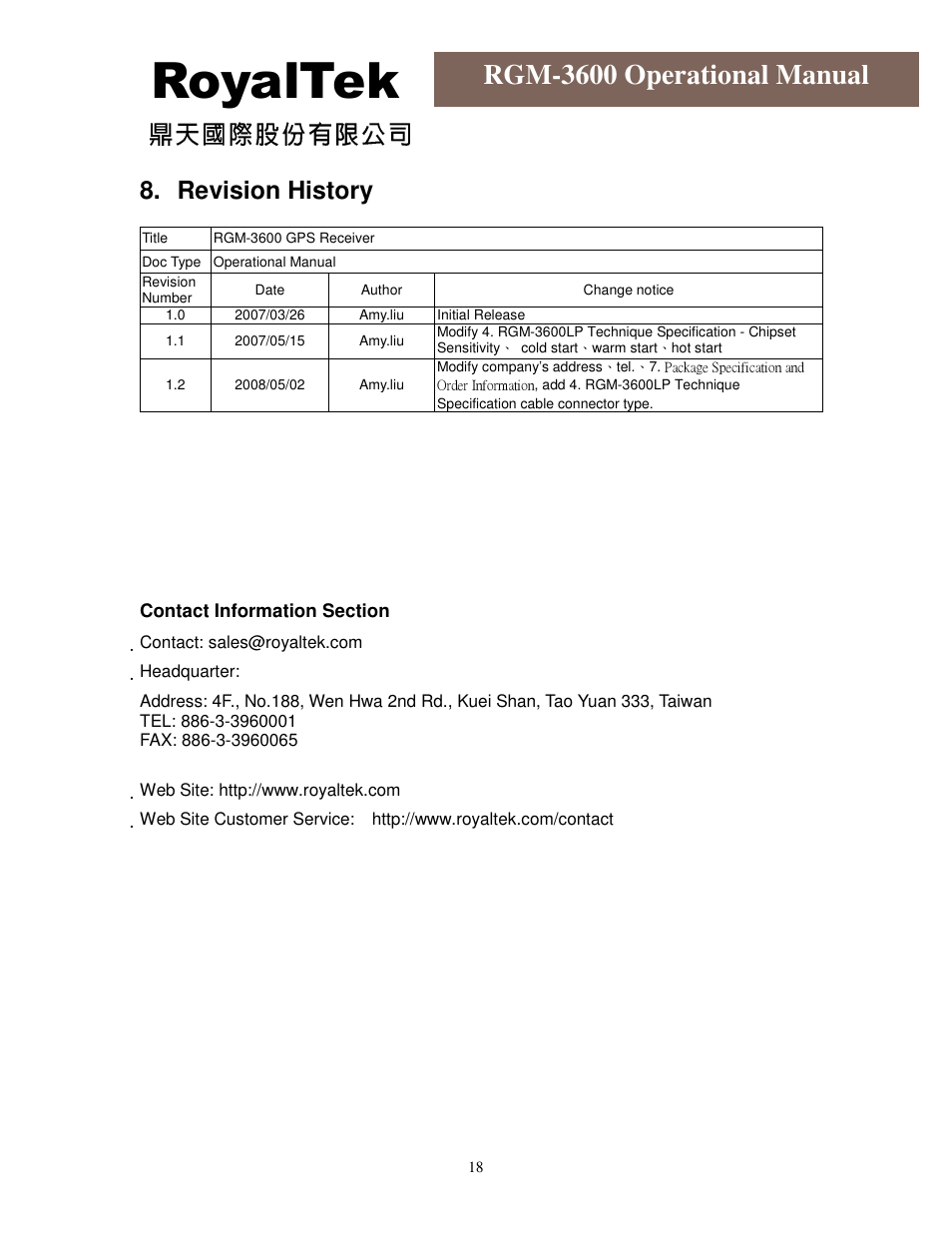 Royaltek, Rgm-3600 operational manual, Revision history | RoyalTek RGM-3600 User Manual | Page 18 / 18