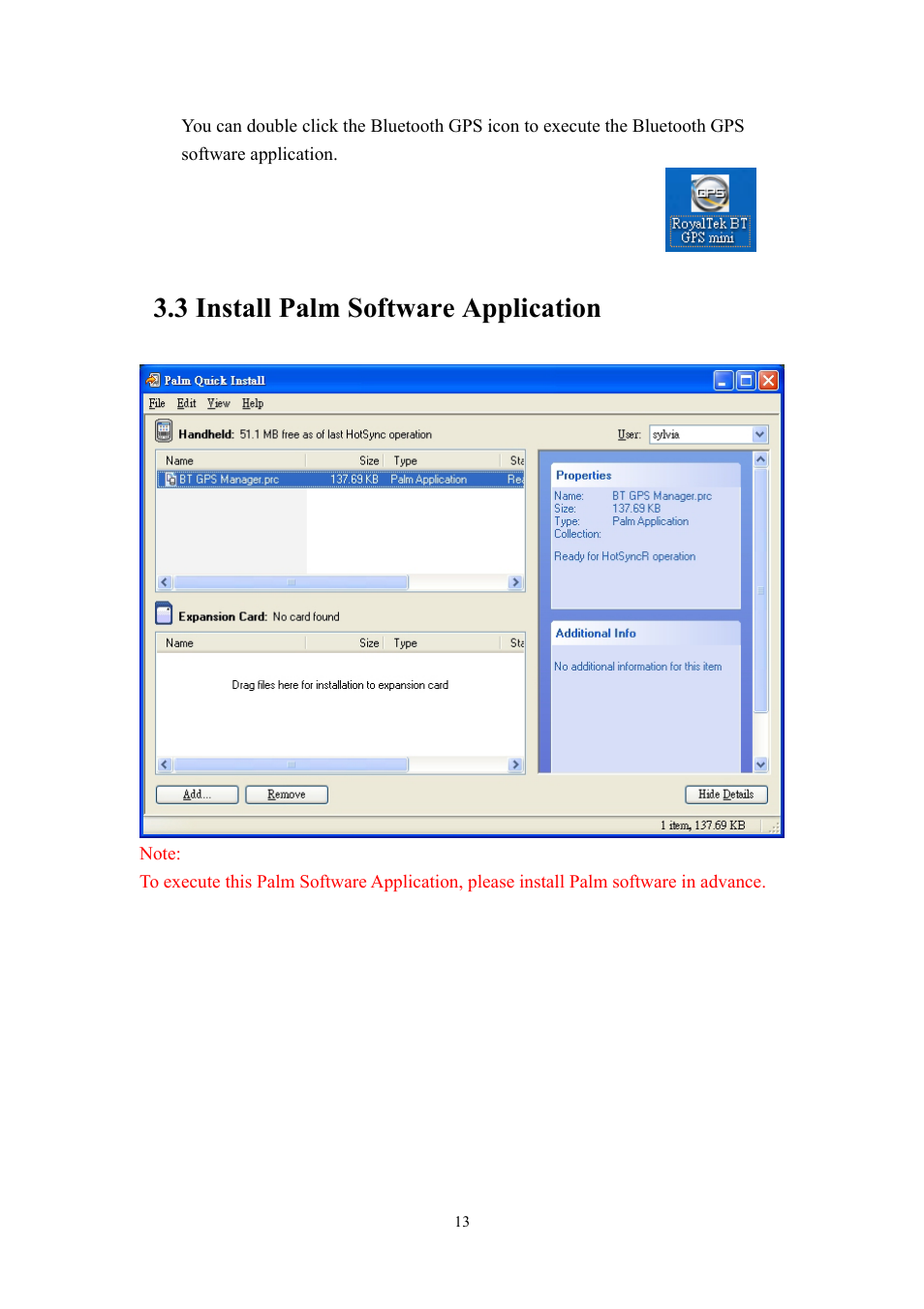 3 install palm software application | RoyalTek RBT-1000 User Manual | Page 18 / 48