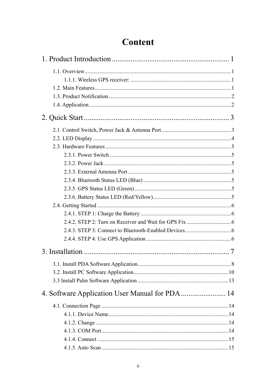 Content, Product introduction, Quick start | Installation, Software application user manual for pda | RoyalTek RBT-1000 User Manual | Page 2 / 48