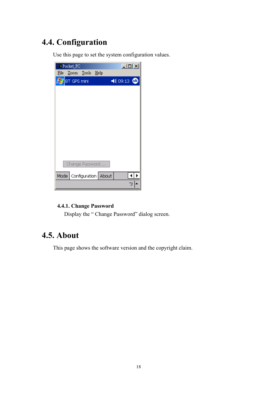 Configuration, About | RoyalTek RBT-1000 User Manual | Page 23 / 48