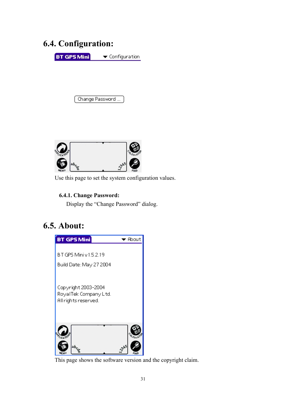 Configuration, About | RoyalTek RBT-1000 User Manual | Page 36 / 48