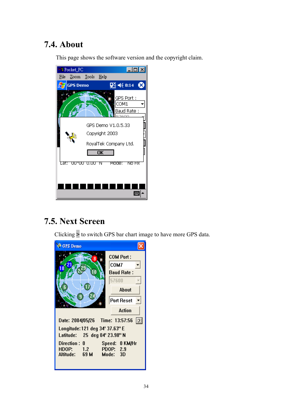 About, Next screen | RoyalTek RBT-1000 User Manual | Page 39 / 48