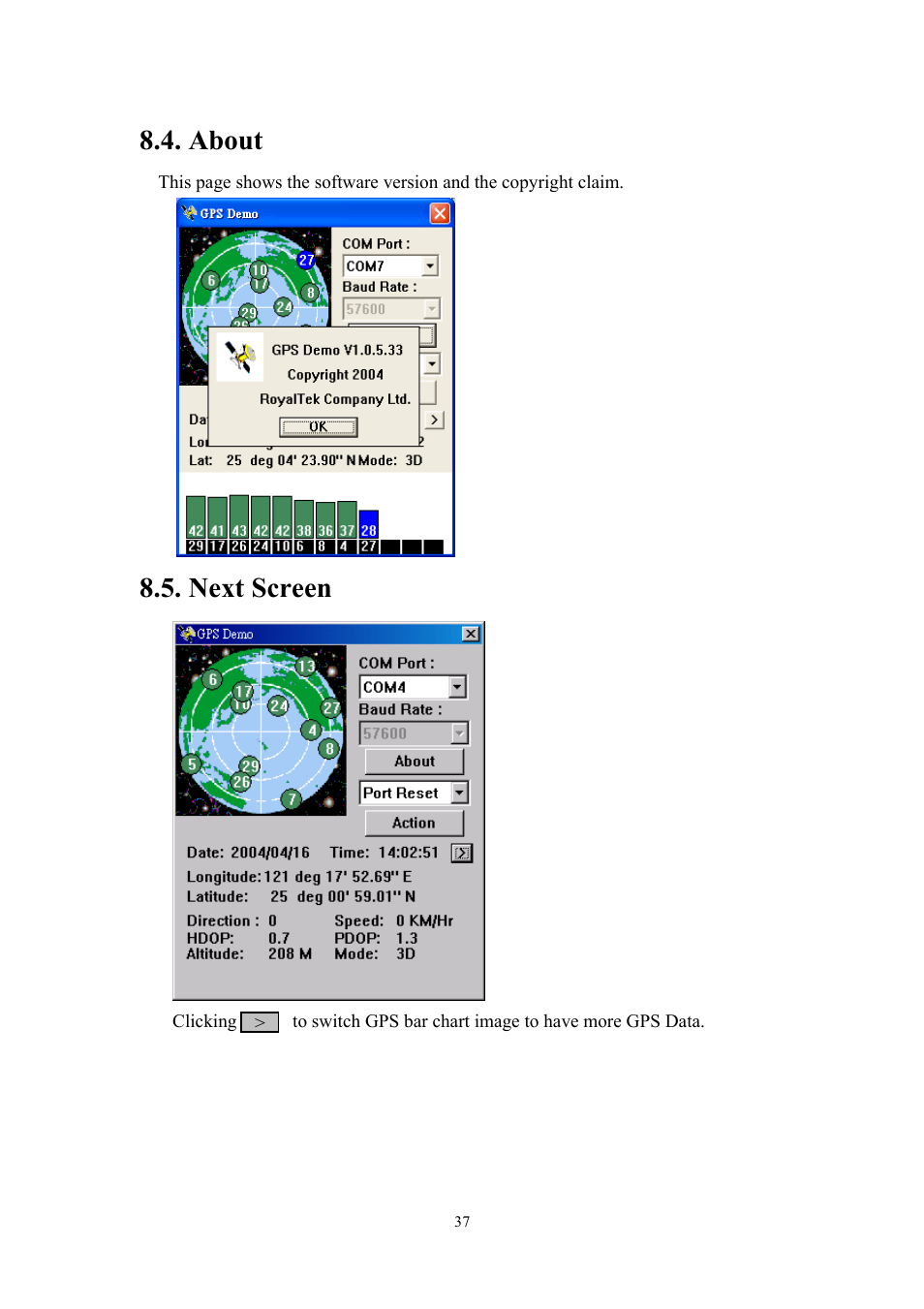 About, Next screen | RoyalTek RBT-1000 User Manual | Page 42 / 48