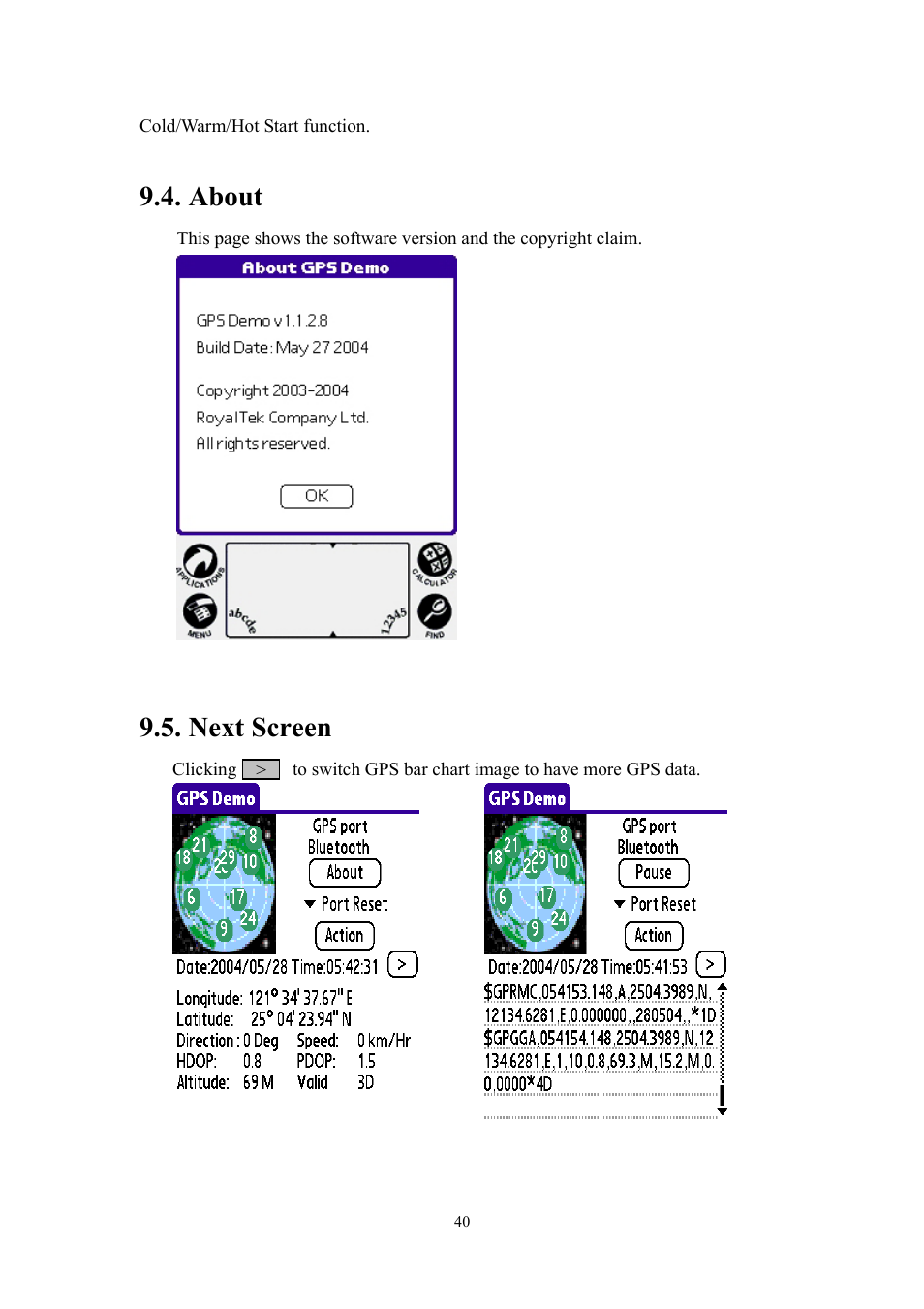 About, Next screen | RoyalTek RBT-1000 User Manual | Page 45 / 48