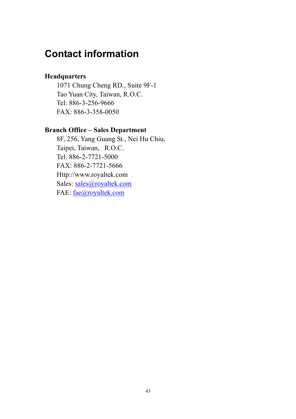 Contact information | RoyalTek RBT-1000 User Manual | Page 48 / 48