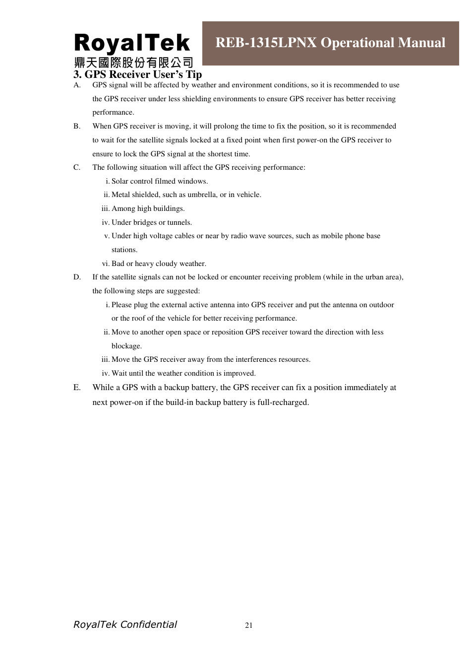 Reb-1315lpnx operational manual, Gps receiver user’s tip | RoyalTek REB-1315LPNX User Manual | Page 21 / 23