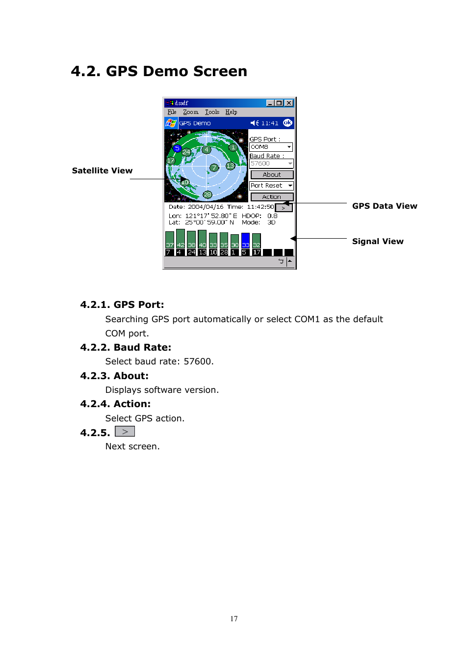 Gps demo screen | RoyalTek RBT-2210 User Manual | Page 17 / 28