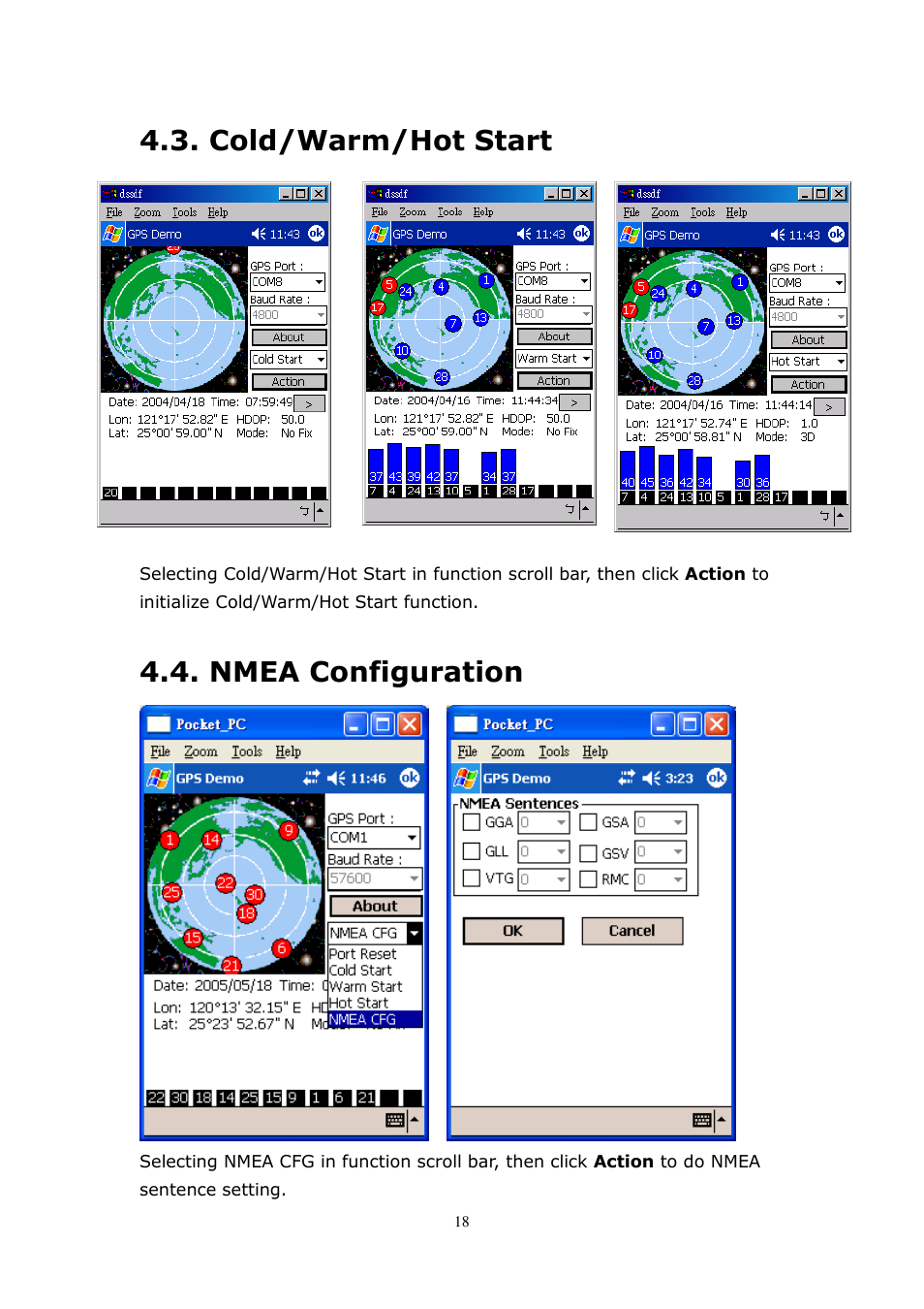 Cold/warm/hot start, Nmea configuration | RoyalTek RBT-2210 User Manual | Page 18 / 28