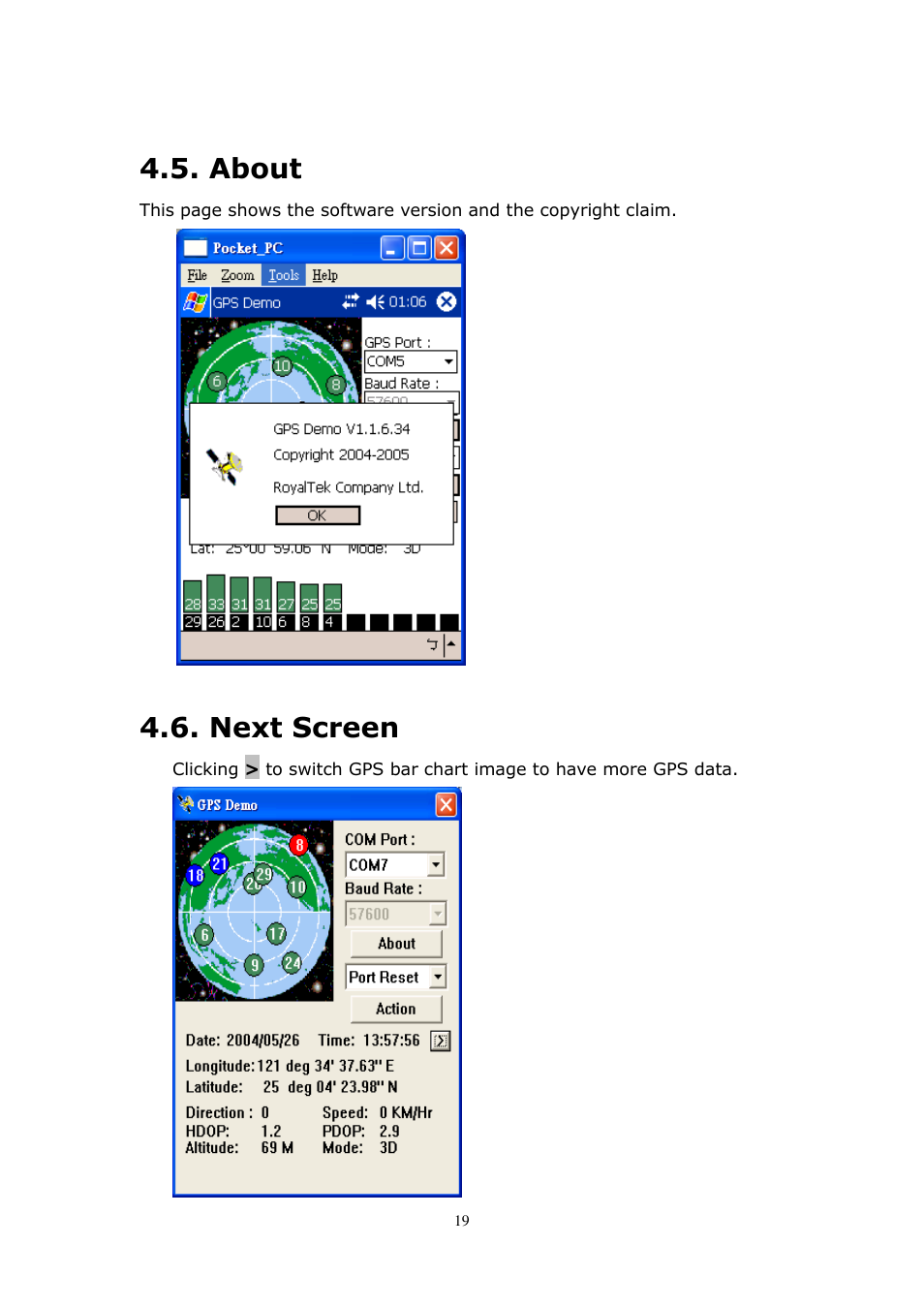 About, Next screen | RoyalTek RBT-2210 User Manual | Page 19 / 28