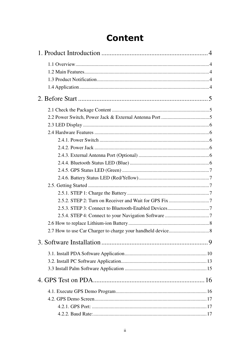 Content, Product introduction, Before start | Software installation, Gps test on pda | RoyalTek RBT-2210 User Manual | Page 2 / 28