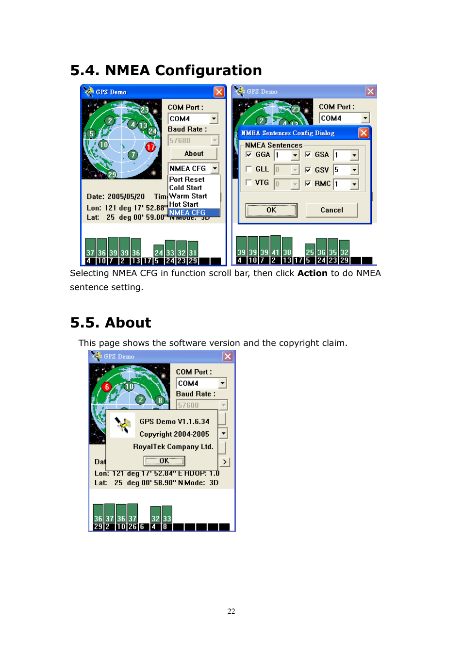 Nmea configuration, About | RoyalTek RBT-2210 User Manual | Page 22 / 28