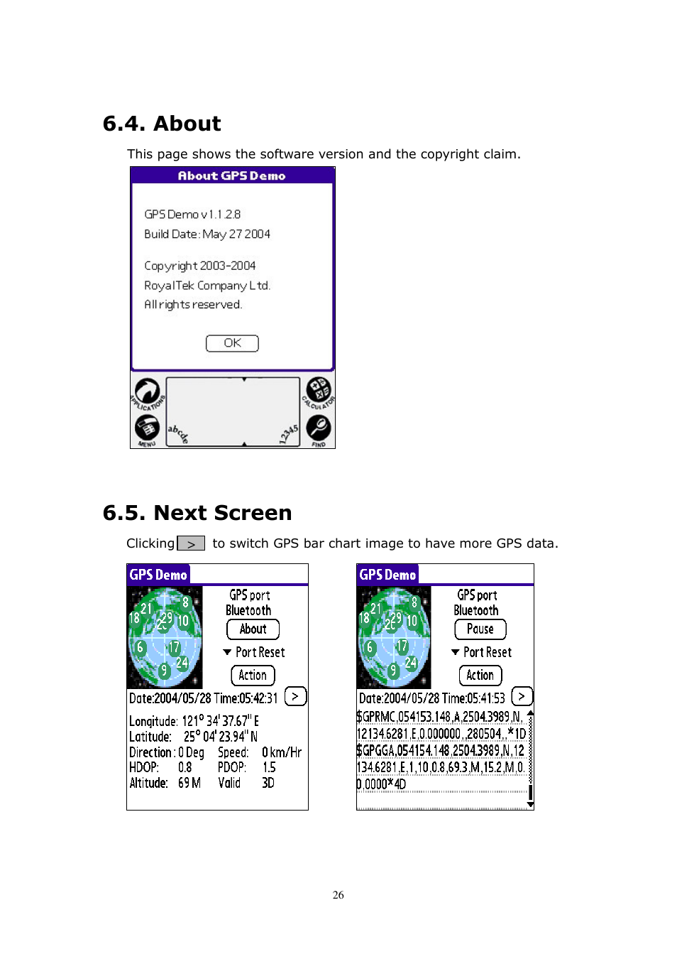 About, Next screen | RoyalTek RBT-2210 User Manual | Page 26 / 28