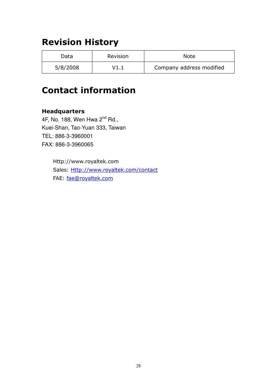 Revision history, Contact information | RoyalTek RBT-2210 User Manual | Page 28 / 28