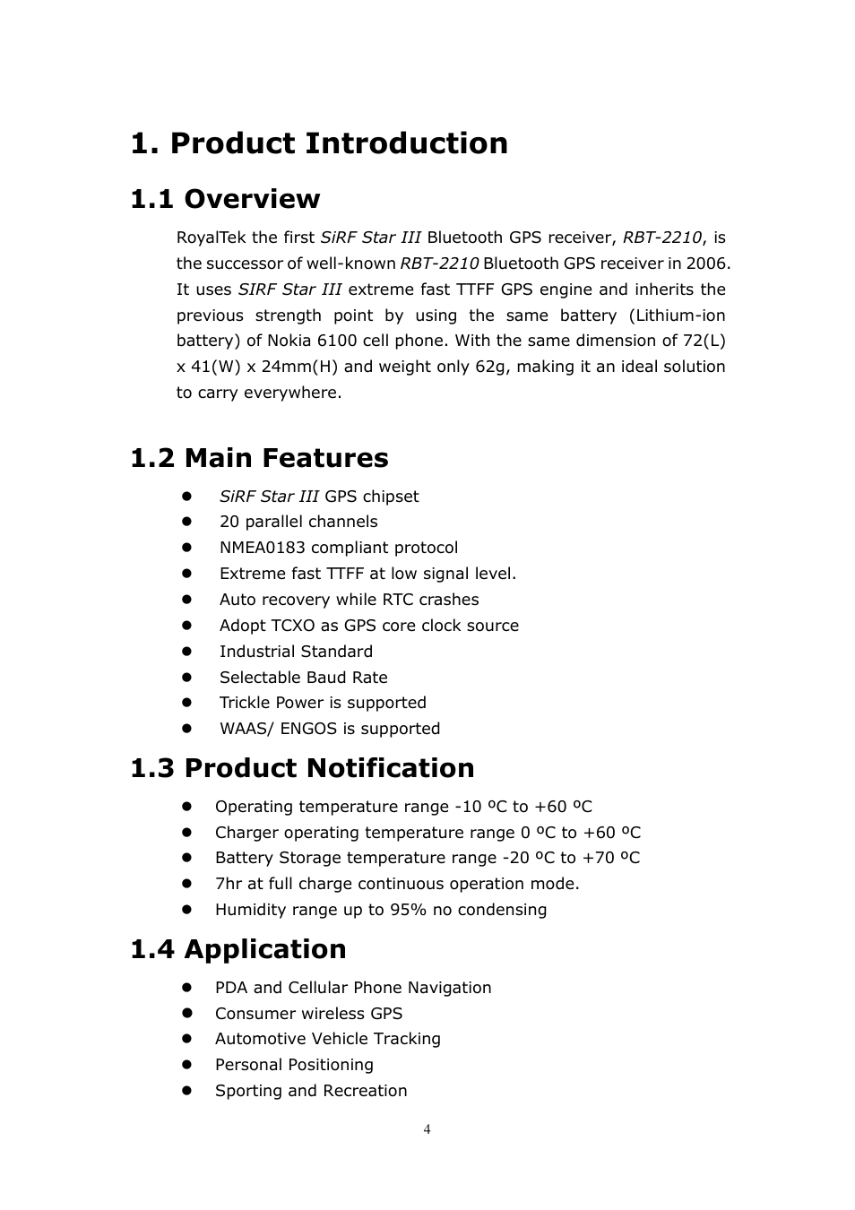 Product introduction, 1 overview, 2 main features | 3 product notification, 4 application | RoyalTek RBT-2210 User Manual | Page 4 / 28