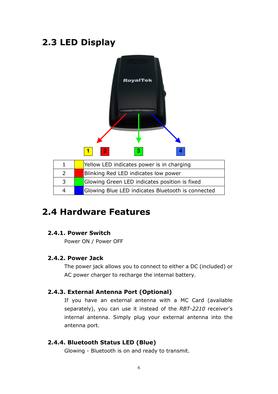 3 led display, 4 hardware features | RoyalTek RBT-2210 User Manual | Page 6 / 28