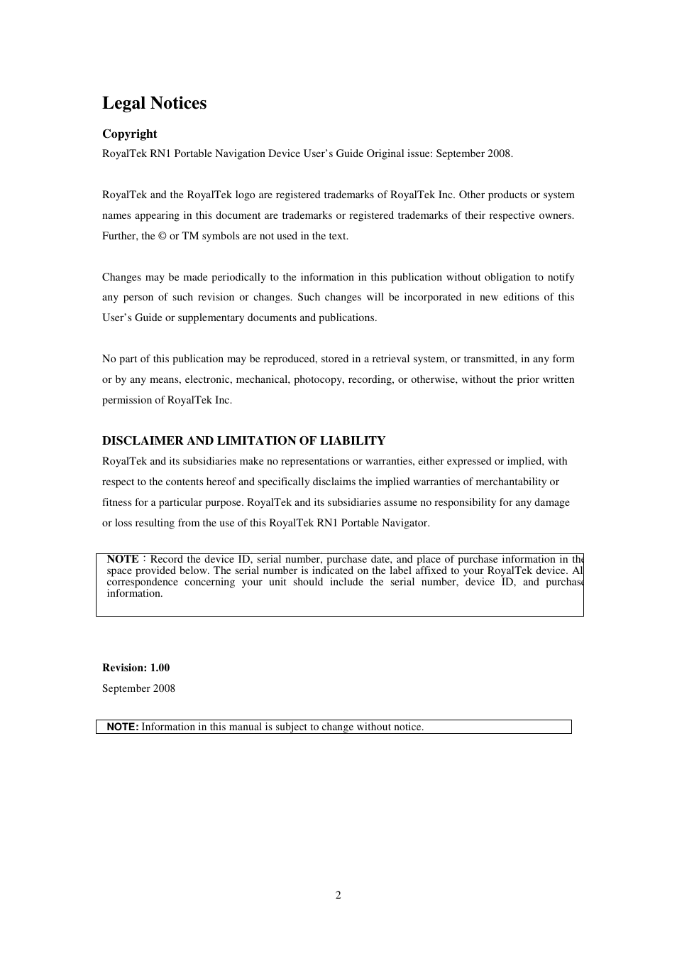 Legal notices | RoyalTek RN1 User Manual | Page 2 / 31