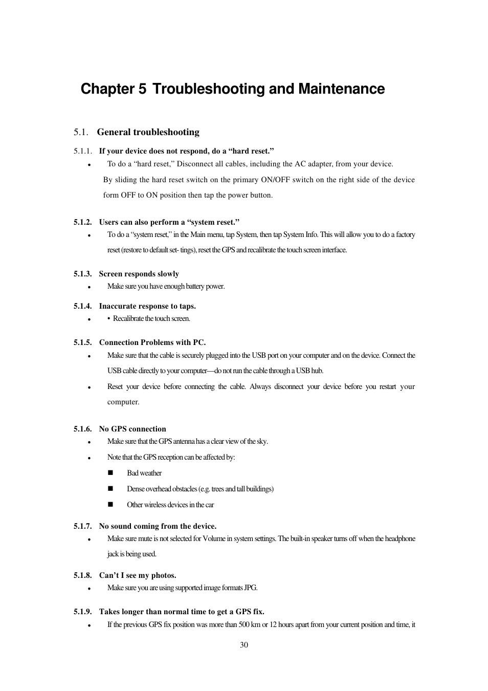 Chapter 5 troubleshooting and maintenance, General troubleshooting | RoyalTek RN1 User Manual | Page 30 / 31