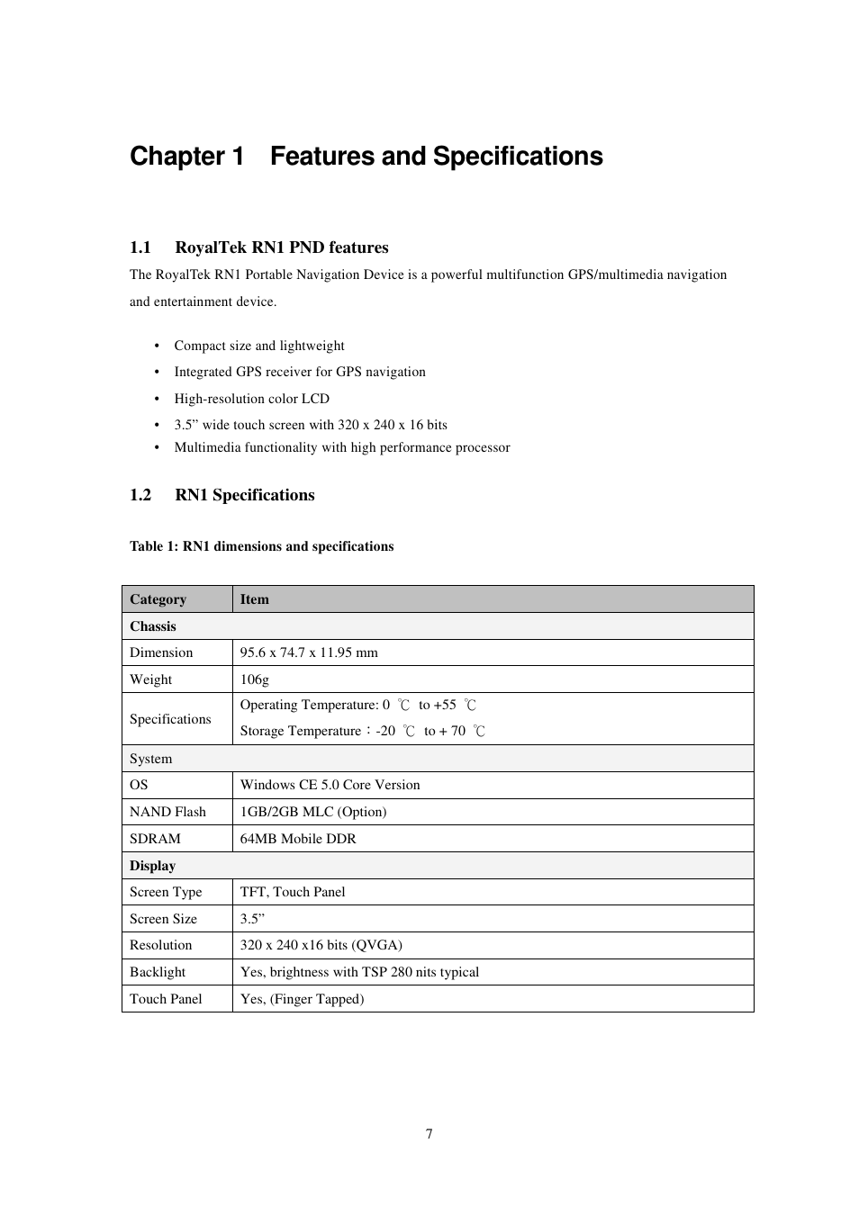 Chapter 1 features and specifications | RoyalTek RN1 User Manual | Page 7 / 31