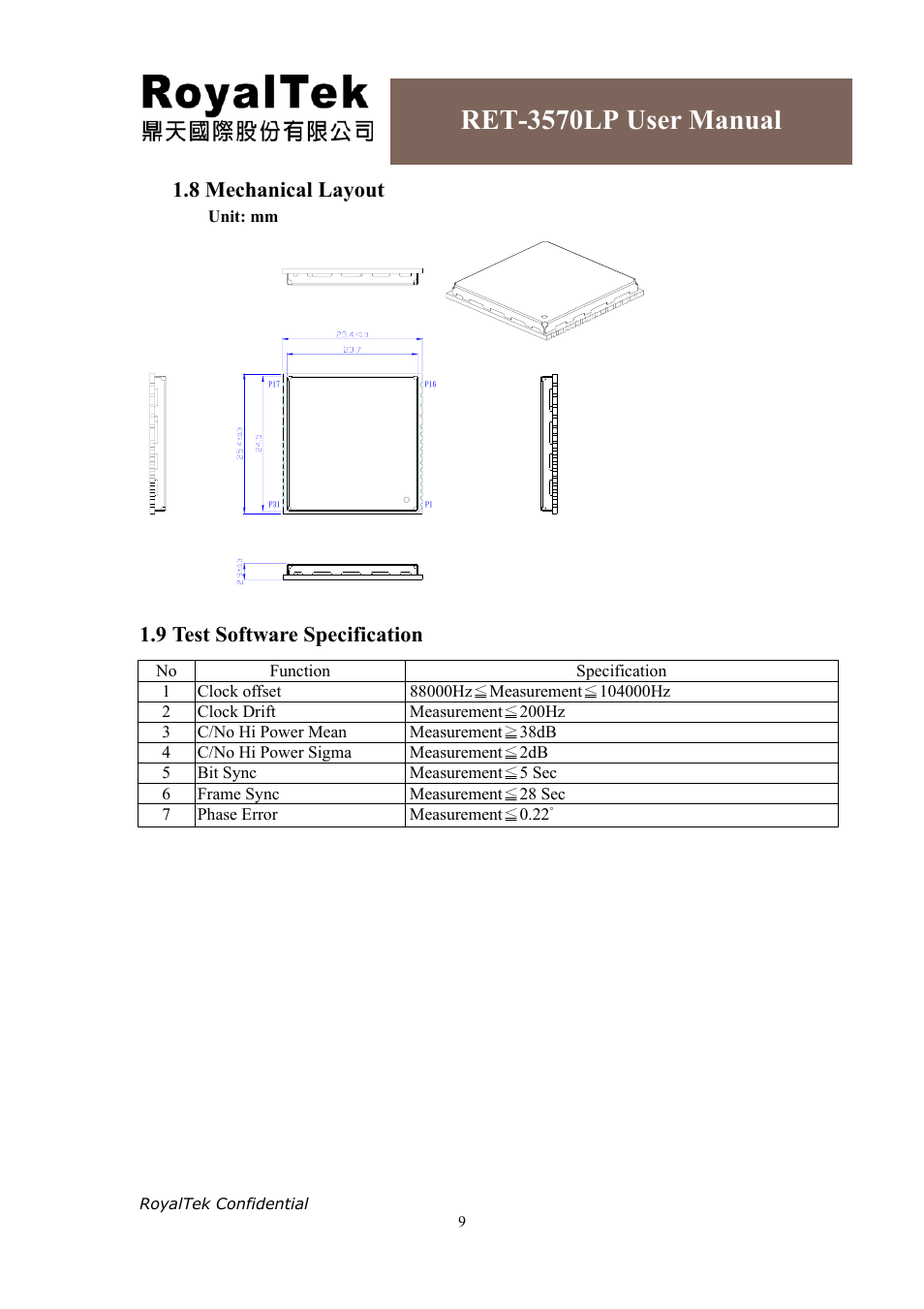 Ret-3570lp user manual, 8 mechanical layout, 9 test software specification | RoyalTek RET-3570LP User Manual | Page 11 / 21