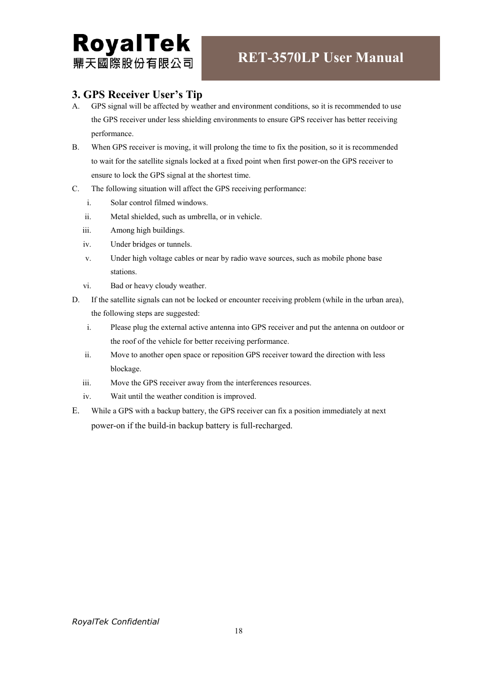 Ret-3570lp user manual, Gps receiver user’s tip | RoyalTek RET-3570LP User Manual | Page 20 / 21