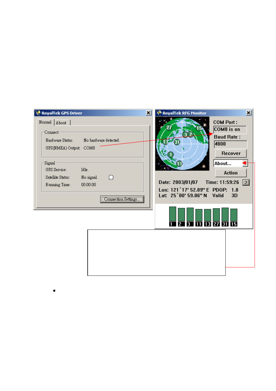 How to test rfg-1000(pc version only) | RoyalTek RFG-1000 User Manual | Page 17 / 27