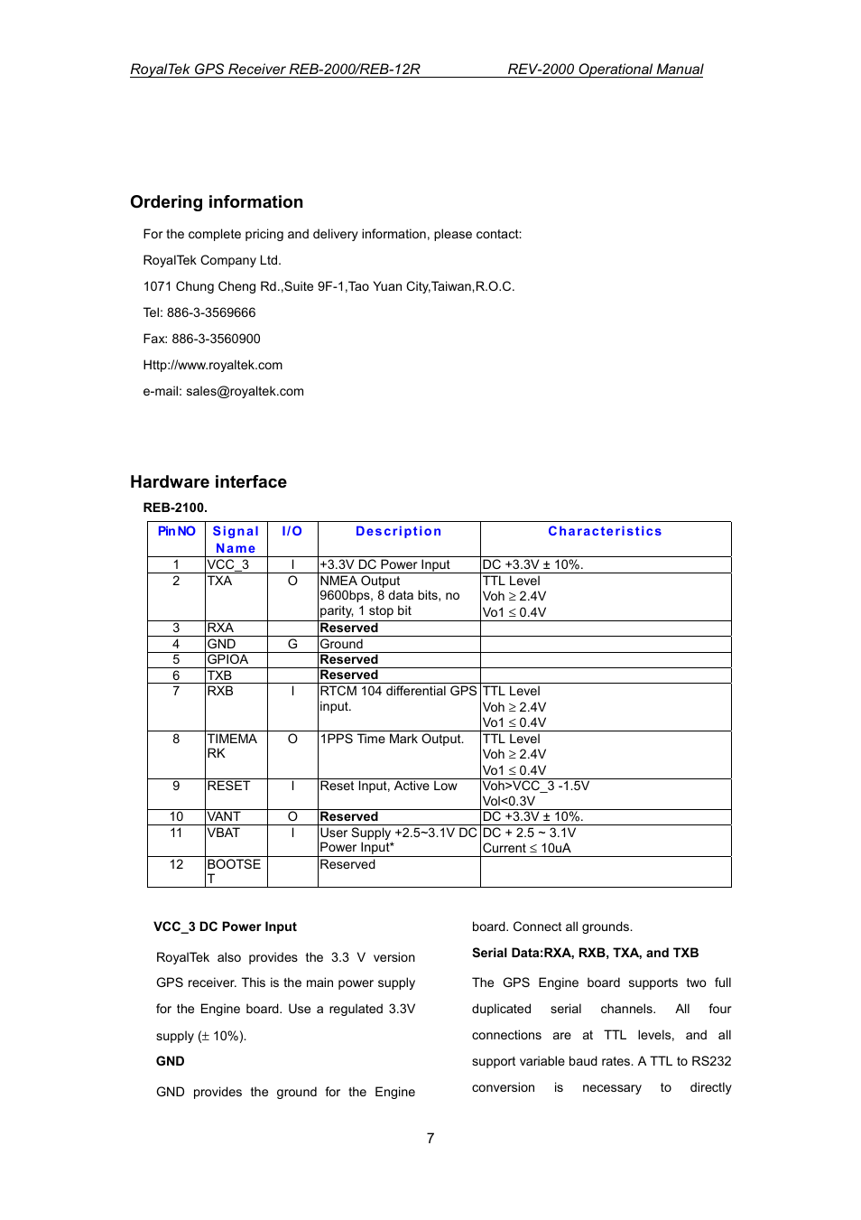 Ordering information, Hardware interface | RoyalTek REV-2000 User Manual | Page 24 / 54