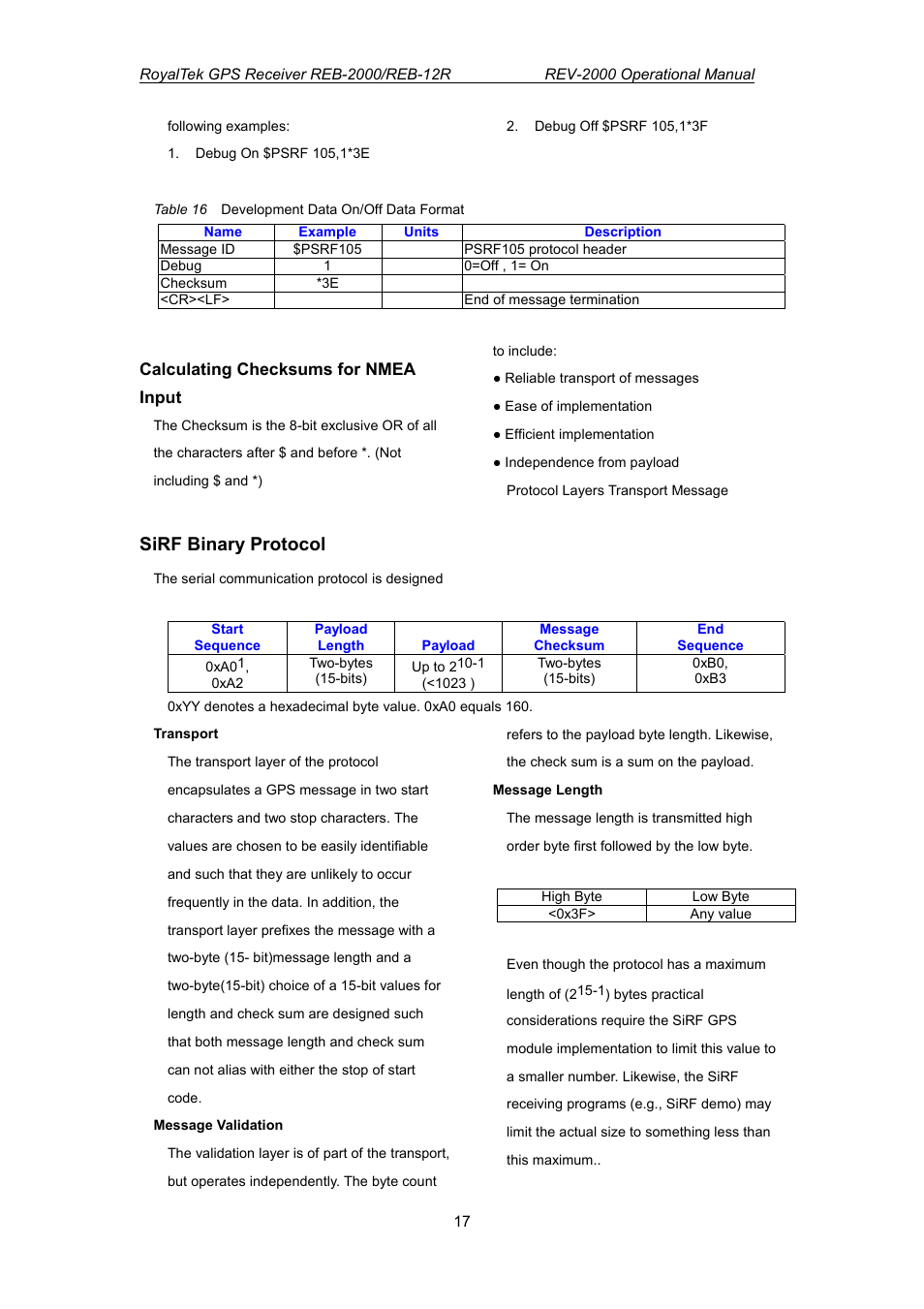 Sirf binary protocol | RoyalTek REV-2000 User Manual | Page 34 / 54