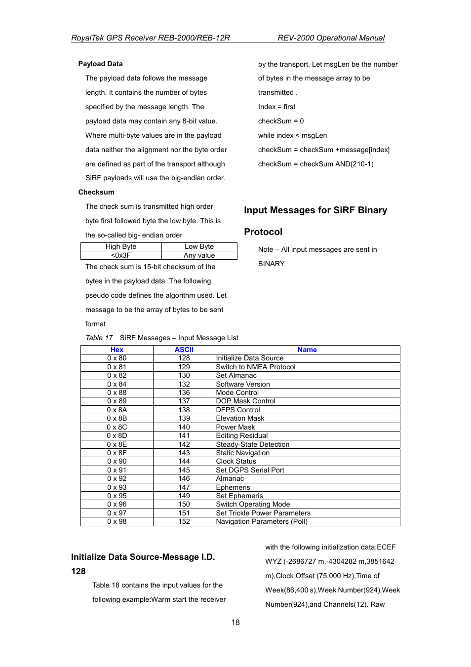 Input messages for sirf binary protocol | RoyalTek REV-2000 User Manual | Page 35 / 54