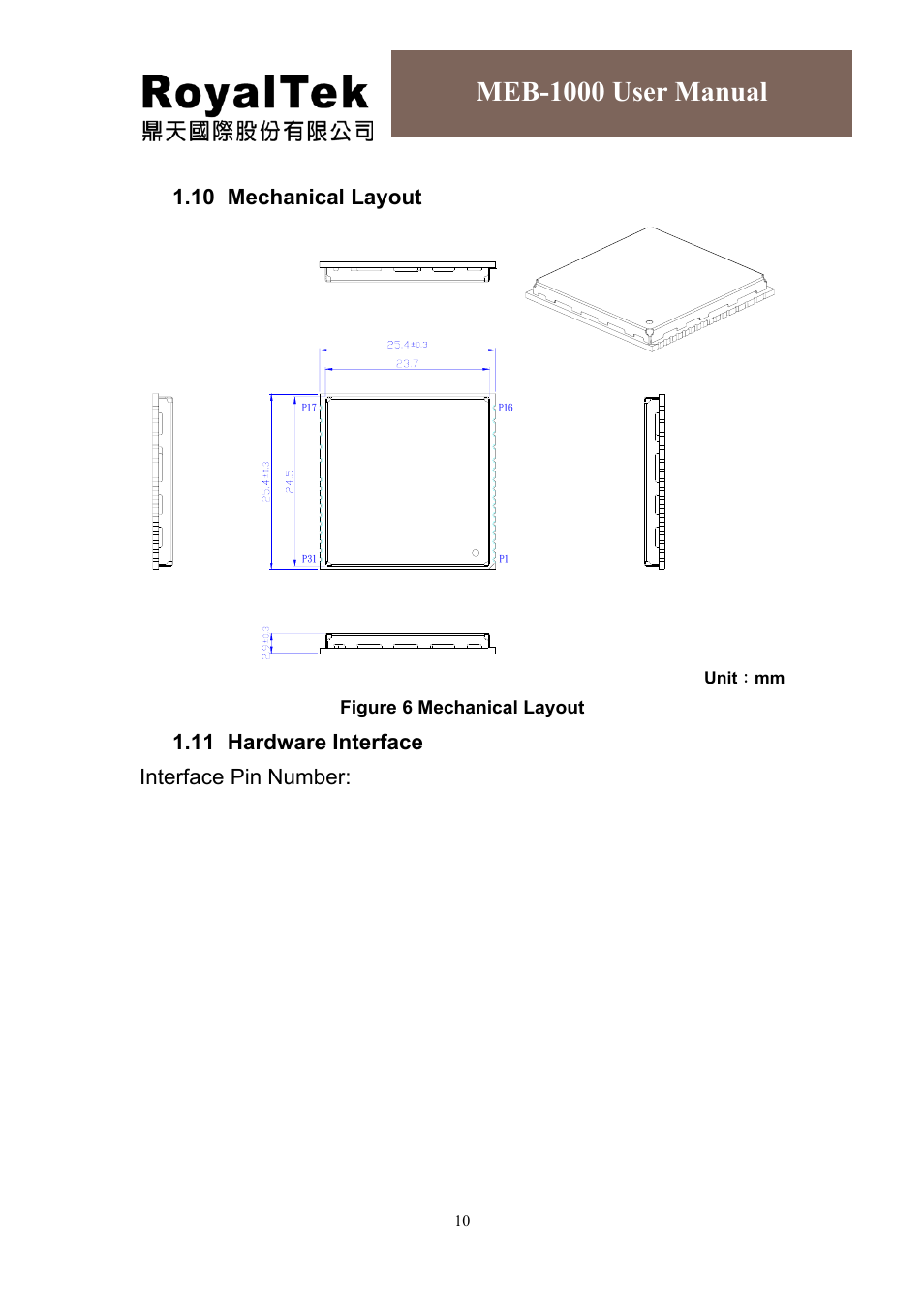 Meb-1000 user manual, 10 mechanical layout, 11 hardware interface interface pin number | RoyalTek MEB-1000 User Manual | Page 14 / 25