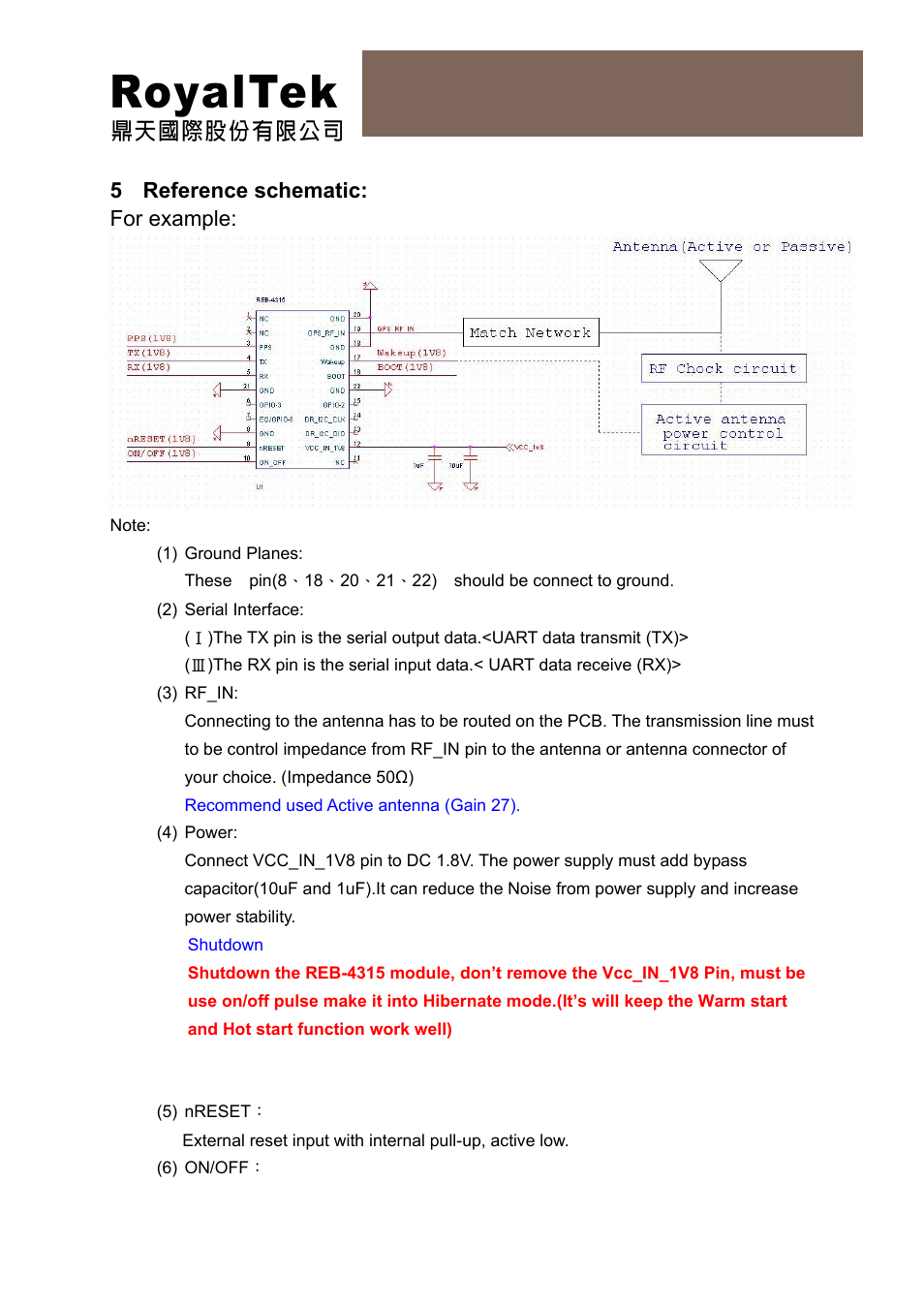 Reb-4315 operational manual, 5 reference schematic: for example | RoyalTek REB-4315 User Manual | Page 6 / 18