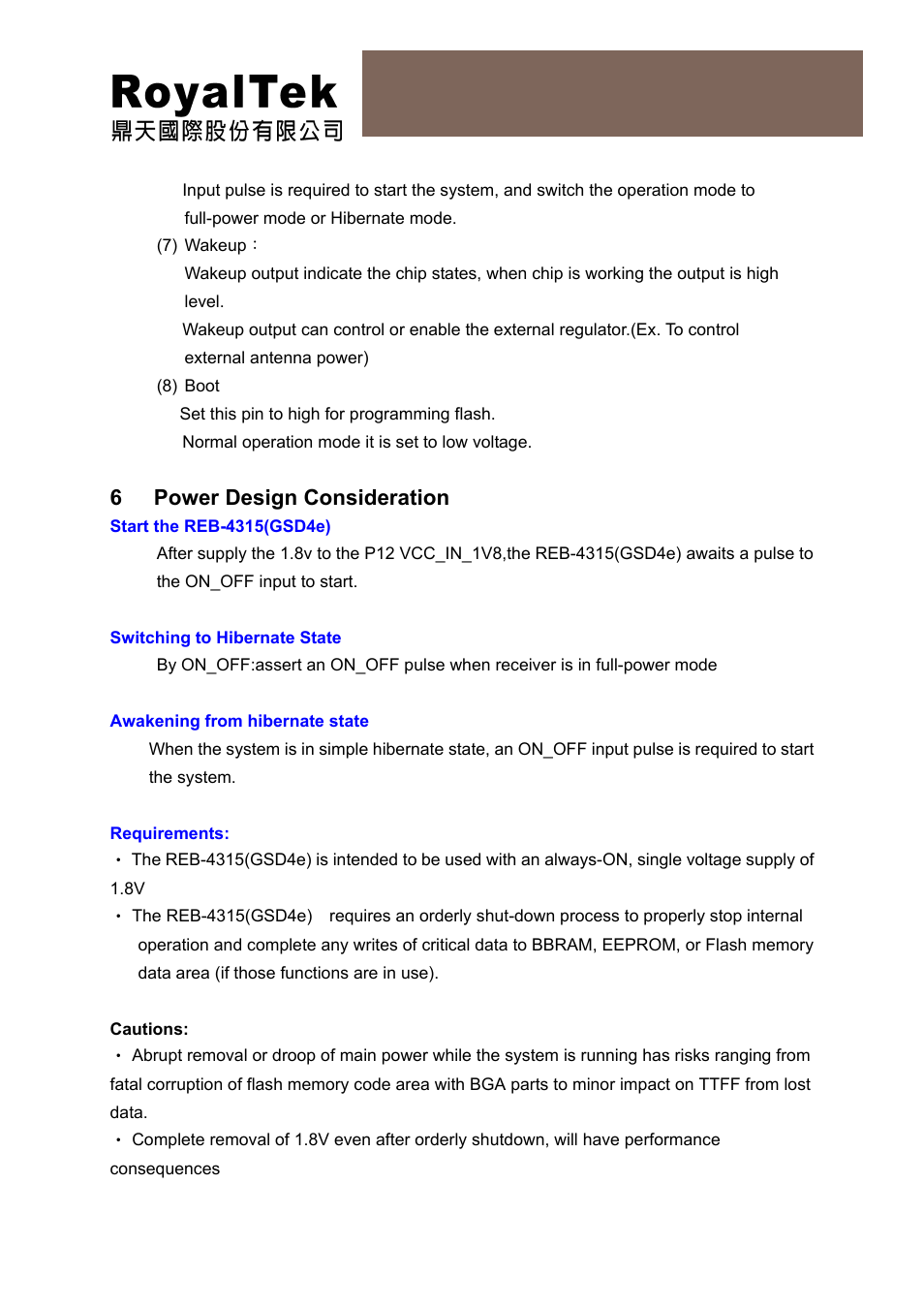 Reb-4315 operational manual, 6 power design consideration | RoyalTek REB-4315 User Manual | Page 7 / 18