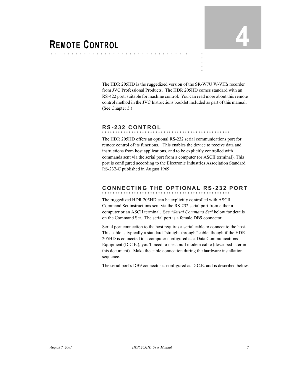Remote control, Rs-232 control, Connecting the optional rs-232 port | Chapter 4, Remote control 7 | RGB Spectrum HDR 205HD User Manual | Page 10 / 15
