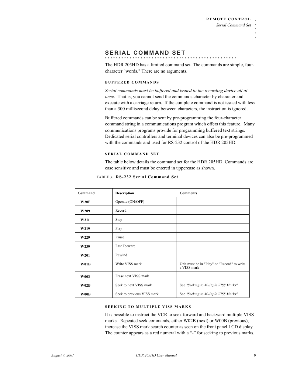Serial command set, Buffered commands, Table 3. rs-232 serial command set | Seeking to multiple viss marks | RGB Spectrum HDR 205HD User Manual | Page 12 / 15