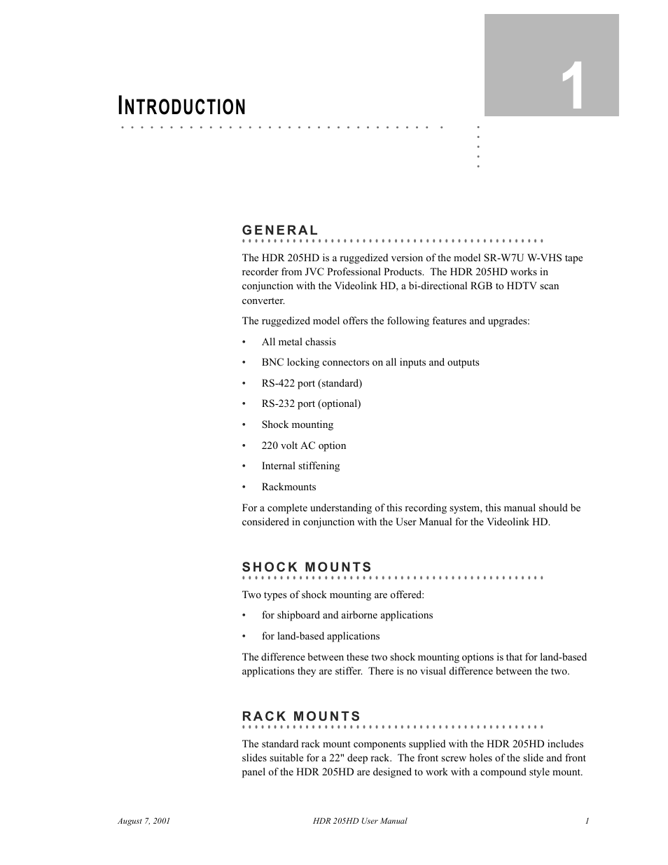 Introduction, General, Shock mounts | Rack mounts, Chapter 1, Introduction 1, Ntroduction | RGB Spectrum HDR 205HD User Manual | Page 4 / 15