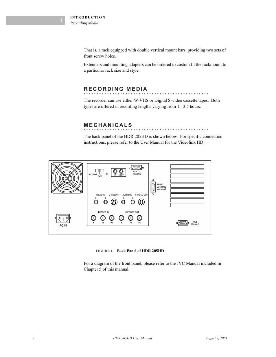 Recording media, Mechanicals, Figure 1.  back panel of hdr 205hd | RGB Spectrum HDR 205HD User Manual | Page 5 / 15