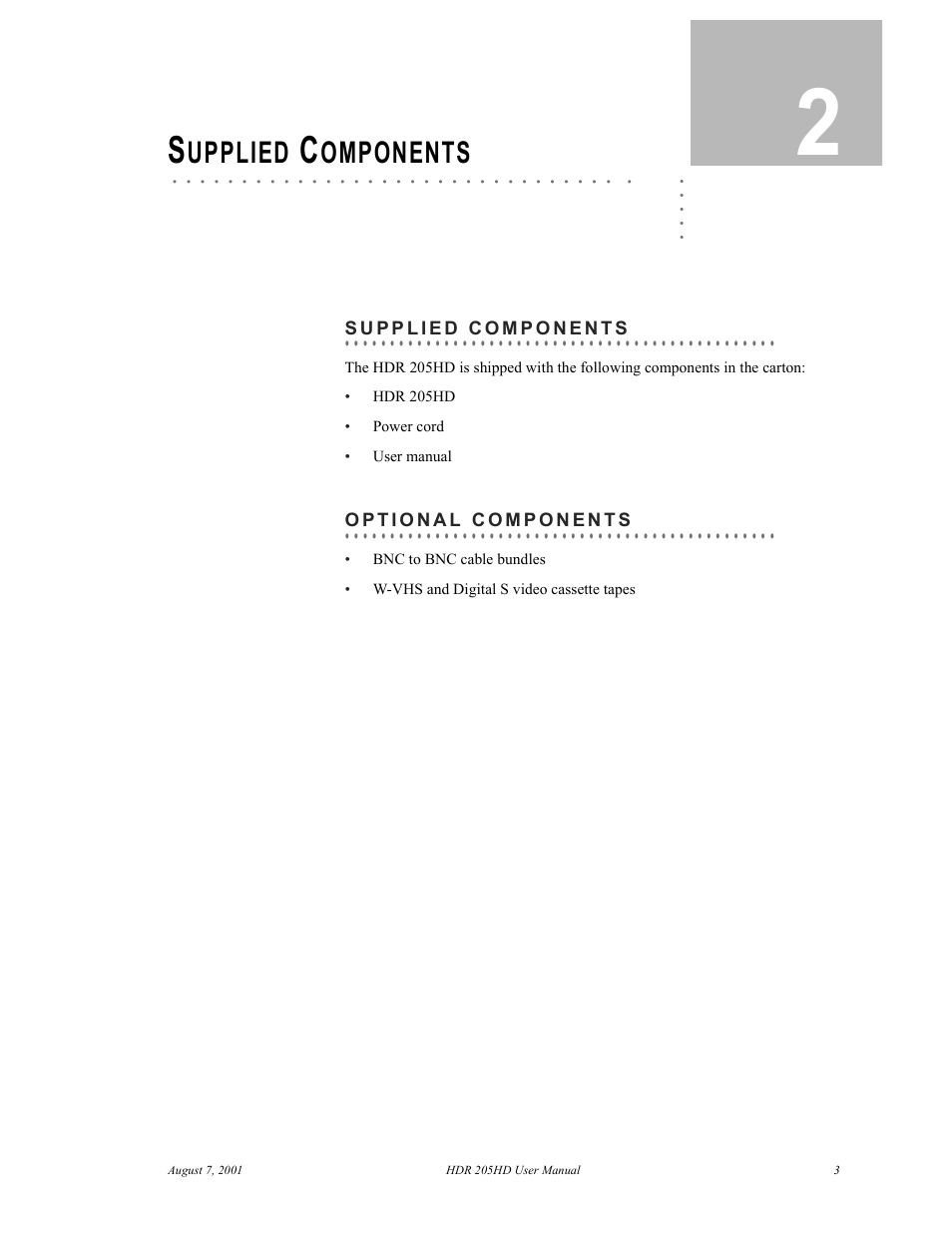 Supplied components, Optional components, Chapter 2 | Supplied components 3, Upplied, Omponents | RGB Spectrum HDR 205HD User Manual | Page 6 / 15