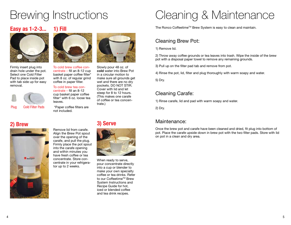 Brewing instructions, Cleaning & maintenance, Cleaning brew pot | Cleaning carafe, Maintenance | Ronco Coffeemaker User Manual | Page 3 / 9