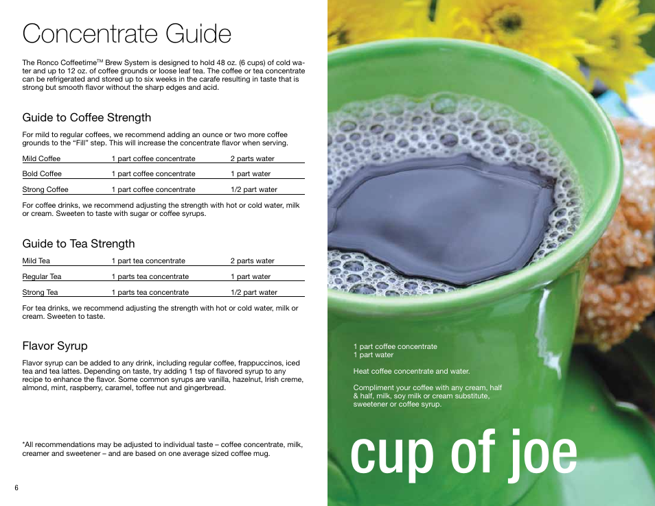 Cup of joe, Concentrate guide, Guide to coffee strength | Guide to tea strength, Flavor syrup | Ronco Coffeemaker User Manual | Page 4 / 9